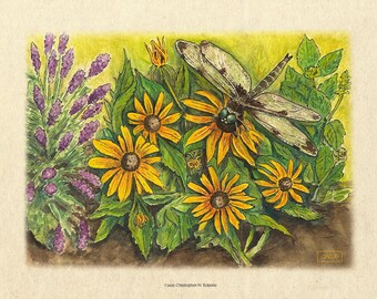 Jardín de Libélulas - Lavanda, Menta y Susanas de Ojos Negros - Dibujo Botánico / Impresión Artística