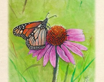 May include: Watercolor painting of a monarch butterfly on a purple coneflower. The butterfly has orange and black wings. The flower has a dark orange center and pink petals. Green grass and foliage are in the background. The artist's signature and date are in the lower right corner.