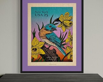 Charming Blue Bird Art Print - Bird Watcher Art - Yellow Daffodils - Colorful Wildlife Decor