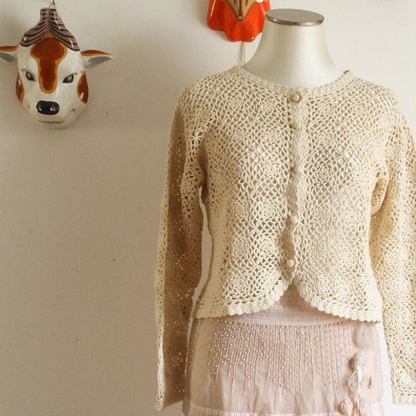 SUPER SALE Vintage Crochet Cardigan Pale Yellow Size small medium