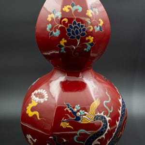 Imperial Red Chinese Dragon Vase – Double Gourd Form – “Neifu” Mark – Lotus & Cloud Motif