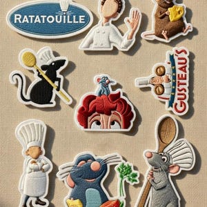 May include: A collection of embroidered patches featuring characters and elements from the animated film "Ratatouille." The patches include the film's logo, chef characters, and Remy the rat with food items. The patches have a white border.