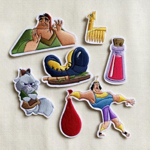 May include: Embroidered patches featuring characters from a cartoon. The patches include a llama, a cat, a caterpillar, a potion bottle, and two different images of a man. The patches are outlined in white.