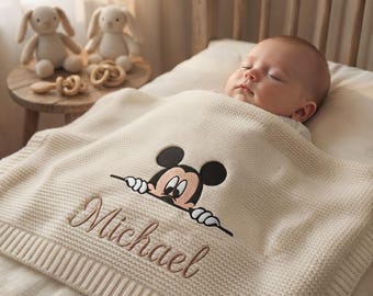 Personalized Disney Mickey Mouse Baby Blanket, Custom Name Embroidered Knit Disney Blanket, Baby Shower Gift, Nursery Keepsake