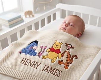 Personalized Disney Winnie the Pooh Baby Blanket, Custom Name Embroidered Pooh and Friends Baby Blanket, Baby Shower Gift, Nursery Keepsake