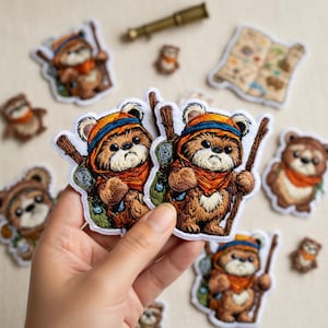 Könnte beinhalten: Gestickte Aufnäher mit einem braunen, bärenartigen Wesen, das einen orangefarbenen Schal, blau-gelbe Kopfbedeckung, einen Rucksack und einen Wanderstock trägt. Weitere Aufnäher und eine Karte sind zu sehen.