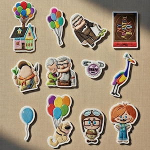 May include: A collection of colorful embroidered patches featuring characters and elements from the animated film "Up." Includes patches of a house with balloons, characters, a book, a dog, and a bird. The patches have a white border and are set against a neutral background.