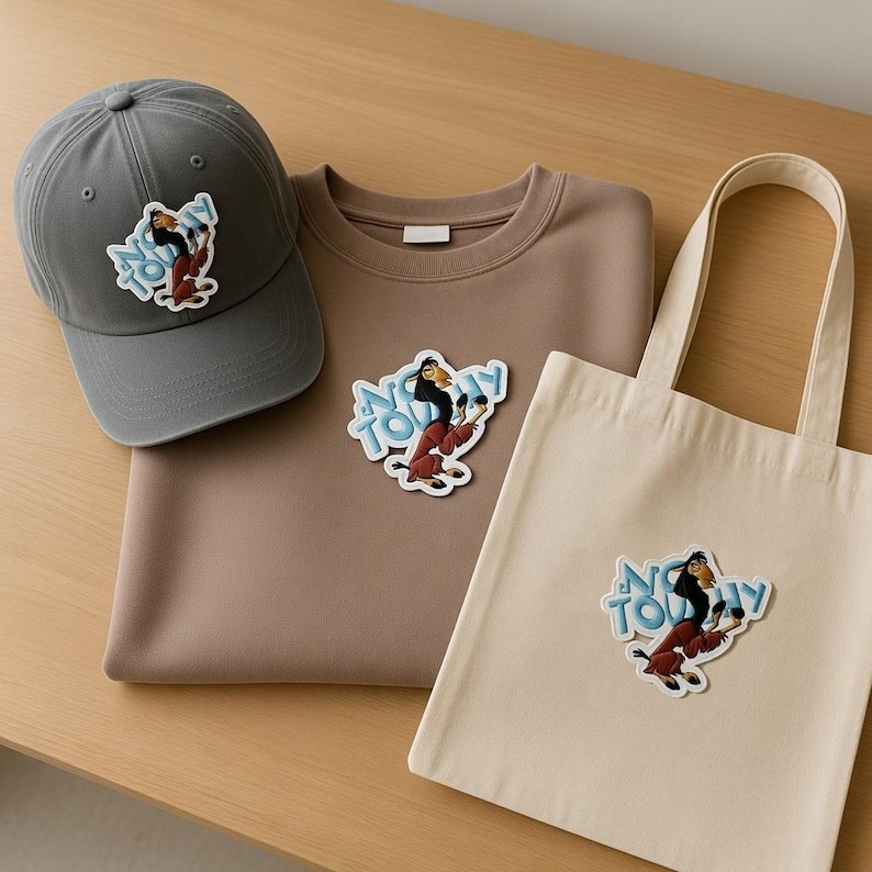 May include: A gray baseball cap, a brown sweatshirt, and a beige tote bag are displayed on a wooden surface. Each item features a colorful graphic of a cartoon character with the text "Not Today".