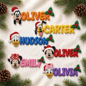 May include: Six embroidered name patches featuring Disney characters wearing Santa hats. The names Oliver, Carter, Hudson, Oliver, Emily, and Olivia are stitched in orange, yellow, blue, red, pink, and purple with holly accents.