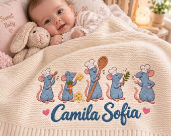 Personalized Embroidered Ratatouille Chef Mice Baby Blanket, Custom Name Disney Inspired Baby Blanket, Baby Shower Gift, Nursery Keepsake