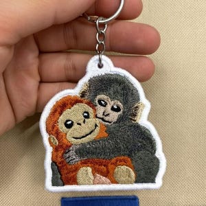 Embroidered Monkey Punch Keychain, Team Punch Keychain, Animal Lover Apparel, Cute Monkey Hugging Plush Keychain for Backpack