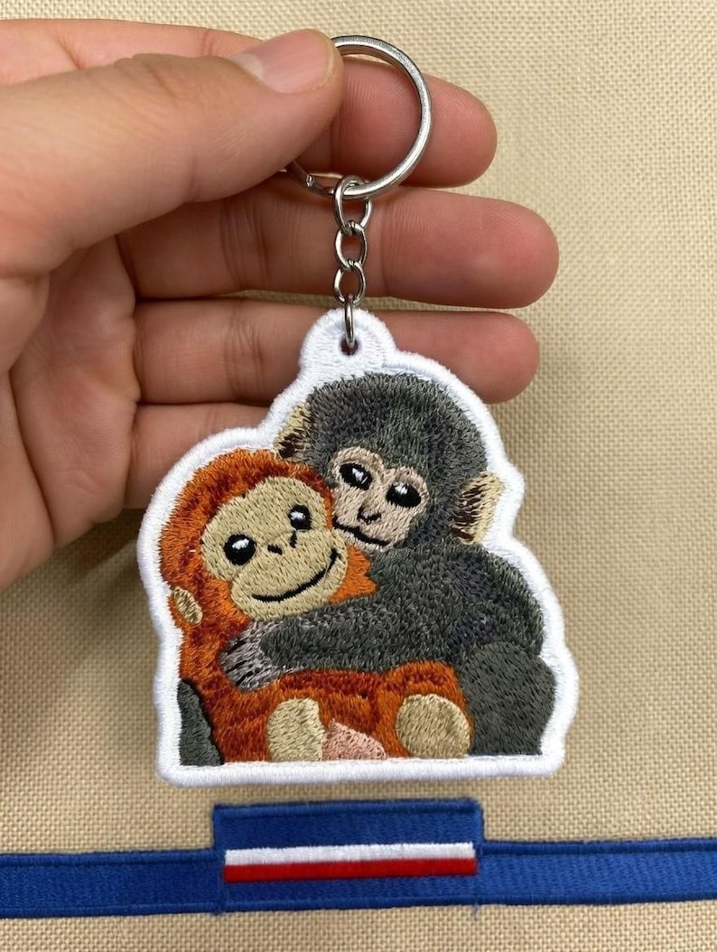 Embroidered Monkey Punch Keychain, Team Punch Keychain, Animal Lover Apparel, Cute Monkey Hugging Plush Keychain for Backpack image 1