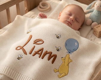 Personalized Embroidered Winnie the Pooh Baby Blanket, Custom Name Pooh Blanket, Disney Baby Blanket, Baby Shower Gift, Nursery Keepsake