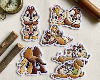 Chip und Dale gestickte Aufnäher Set, süße Chipmunks spielen zusammen Aufnäher, Disney Trip, Jacke Rucksack Patch