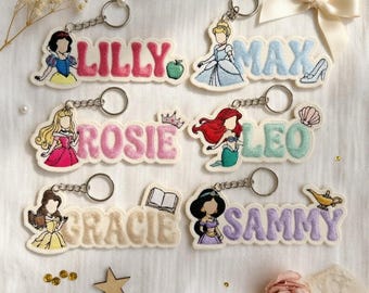 Custom Name Disney Princess Embroidered Keychain For Backpack, Personalized Cinderella Ariel Bag Charm, Disneyland Vacation Keychain For Kid