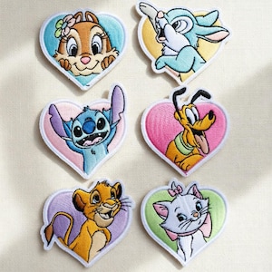 Disney Characters Heart Embroidered Patch, Stitch Simba Marie Pluto Thumper Chip n Dale Iron On Patches, Disney Trip, Jacket Backpack Patch
