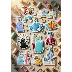 May include: Embroidered patches featuring Cinderella characters and elements. The patches include Cinderella in her ball gown, the pumpkin carriage, the glass slipper, and the castle. The patches are surrounded by sewing notions and floral accents.