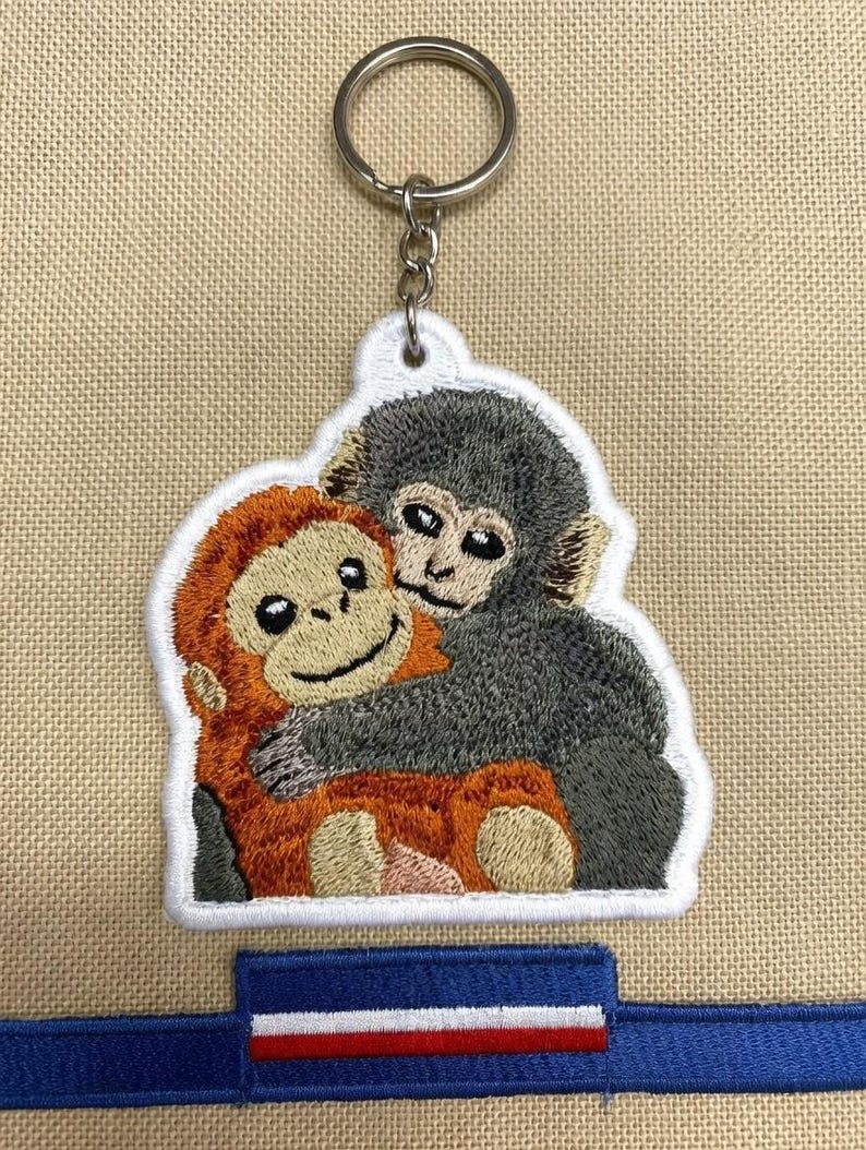 Embroidered Monkey Punch Keychain, Team Punch Keychain, Animal Lover Apparel, Cute Monkey Hugging Plush Keychain for Backpack image 2