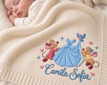 Personalized Embroidered Disney Cinderella Inspired Baby Blanket, Custom Name Gus Jaq Dress Bird Blanket, Baby Shower Gift, Nursery Keepsake