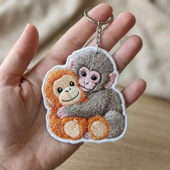 Embroidered Monkey Punch Keychain, Team Punch Keychain, Animal Lover Apparel, Cute Monkey Hugging Plush Keychain for Backpack