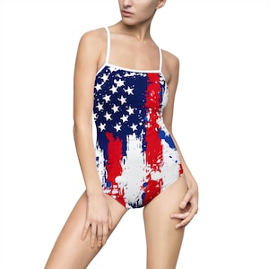 Patriotic Women&#39;s One-Piece Swimsuit, USA Flag Swimwear, Summer Beach Fashion, Independence Day Outfit, Vacation Essentials