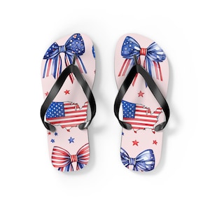 Patriotic Flip Flops with Bow Design,  4th of July Sandals, Red White Blue Flip Flops, USA Themed Casual Shoes