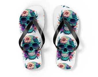 Colorful Skull Flip Flops - Summer Beach Sandals, Bohemian Footwear, Festival Gear, Gift for Flower Child