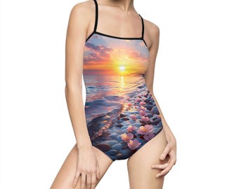 Damski kostium kąpielowy Sunset Floral | Stroje plażowe na letnią zabawę, imprezę przy basenie, wakacje, miesiąc miodowy, dzień w spa