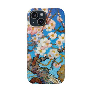 May include: A phone case featuring a painting of a blossoming tree with white and pink flowers against a blue sky. The artwork has a textured, impressionistic style, with visible brushstrokes and a focus on color and light.