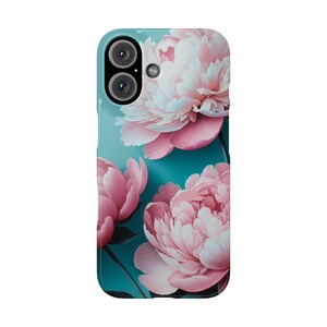 May include: A phone case featuring a teal background with a floral design of pink and white peonies. The case has a glossy finish and a camera cutout at the top.