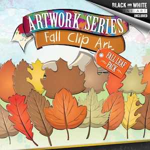 May include: Artwork Series Fall Clip Art pack featuring colorful and black and white fall leaves. The pack includes 16 color and 16 black and white clip art images of leaves. The text on the image says "Fall Leaf Pack".