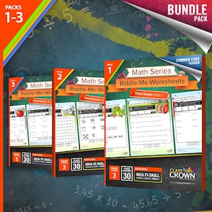 May include: A bundle of three math workbooks for 3rd grade students. The workbooks are titled "Math Series Riddle-Me-Worksheets" and include multiple skills practice. Each workbook contains 30 pages. The bundle is labeled "Packs 1-3".
