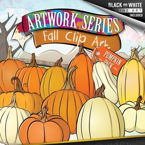 May include: Artwork series fall clip art featuring a collection of orange and white pumpkins. The image includes a tag that says "Pumpkin Pack" and the text "Black and White Line Art Included". The pack includes 12 clipart pieces.