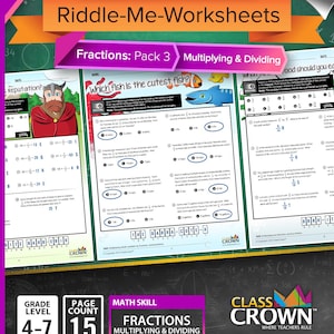 May include: A math worksheet pack titled "Math Series Riddle-Me-Worksheets" for grades 4-7. The pack includes 15 pages focusing on fractions, multiplication, and division. The cover is purple, pink, and orange with the text "Pack 3".