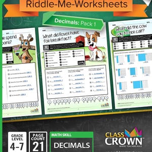 May include: A pack of 21 math worksheets for grades 4-7, focusing on decimals. The cover features the text "Math Series Riddle-Me-Worksheets" and "Decimals: Pack 1". The worksheets include illustrations and math problems.