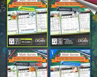 Pre-algebra, Geometry, Ratios and Percents Worksheets Bundle (4 Packs)