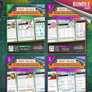 May include: A bundle pack of Math Series Riddle-Me-Worksheets for grades 4-7, covering decimals and fractions. The worksheets feature colorful designs and include packs on decimals, fractions, and concepts. The bundle includes 66 pages of educational content.