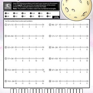May include: A worksheet titled "How do you know the moon is older than the sun?" features math problems with number lines. The problems involve adding and subtracting decimals. A cartoon moon graphic is in the upper right corner. The worksheet is designed for educational purposes.