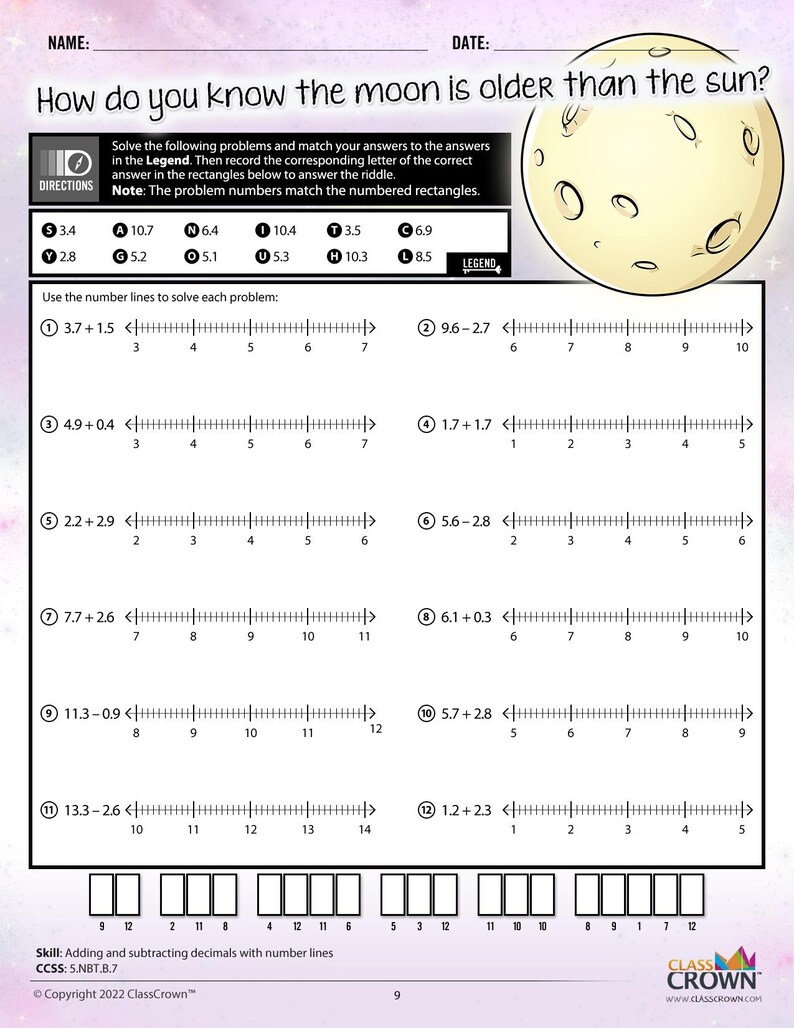 May include: A worksheet titled "How do you know the moon is older than the sun?" features math problems with number lines. The problems involve adding and subtracting decimals. A cartoon moon graphic is in the upper right corner. The worksheet is designed for educational purposes.
