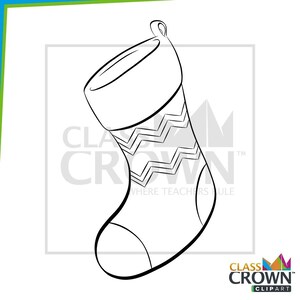 May include: A black and white Christmas stocking illustration with a zig-zag pattern on the body. The stocking has a loop for hanging and is outlined with thick black lines. The text "CLASS CROWN CLIPART" is visible.