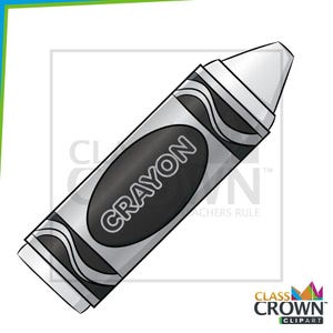 May include: A black crayon with a silver label and the word "CRAYON" in white. The crayon has a white tip and a silver base. The image is a digital illustration, suitable for educational or artistic projects.