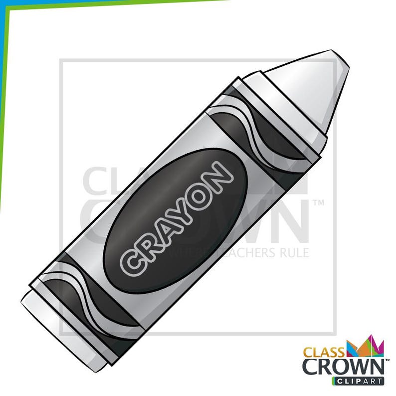 May include: A black crayon with a silver label and the word "CRAYON" in white. The crayon has a white tip and a silver base. The image is a digital illustration, suitable for educational or artistic projects.