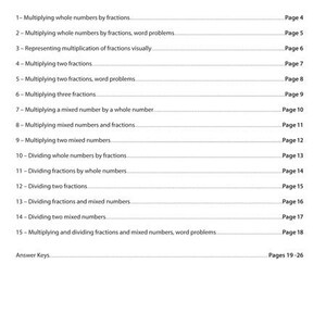May include: A black and white page titled "Table of Contents" from a workbook. The table lists topics such as multiplying and dividing fractions, with corresponding page numbers. The text is in a clear, easy-to-read font.