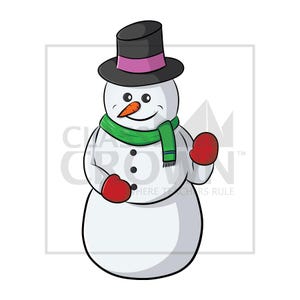 May include: A cartoon snowman illustration. The snowman has a black top hat with a pink band, a green scarf, and red mittens. It has a carrot nose and a smiling face. The image includes the text "CLASS CROWN WHERE TEACHERS RULE".