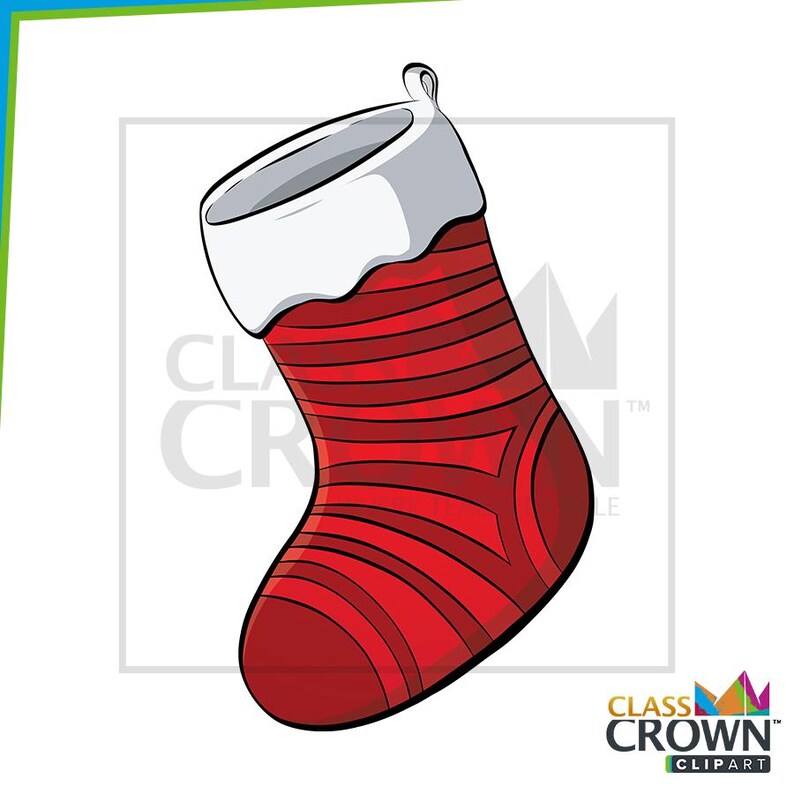 May include: A red Christmas stocking with horizontal stripes and a white cuff. The stocking has a loop for hanging and is outlined in black. The image includes the text "CLASS CROWN CLIPART".