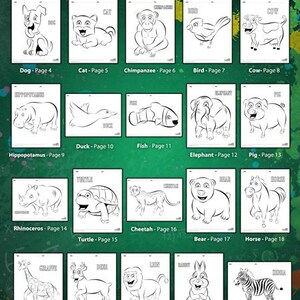 Może przedstawiać: Strona indeksu "Animal Coloring Pack" z ilustracjami r&oacute;żnych zwierząt, w tym psa, kota, szympansa, ptaka, krowy, hipopotama, kaczki, ryby, słonia, świni, nosorożca, ż&oacute;łwia, geparda, niedźwiedzia, konia, żyrafy, jelenia, lwa, kr&oacute;lika i zebry.
