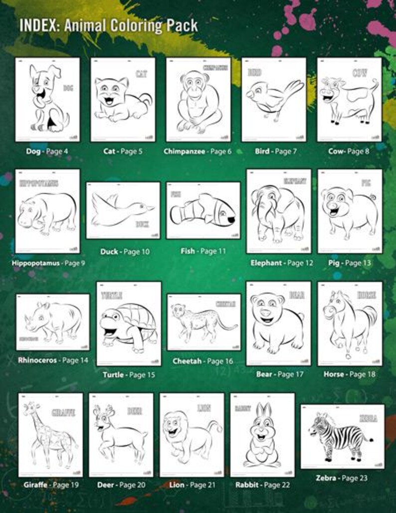 Może przedstawiać: Strona indeksu "Animal Coloring Pack" z ilustracjami r&oacute;żnych zwierząt, w tym psa, kota, szympansa, ptaka, krowy, hipopotama, kaczki, ryby, słonia, świni, nosorożca, ż&oacute;łwia, geparda, niedźwiedzia, konia, żyrafy, jelenia, lwa, kr&oacute;lika i zebry.