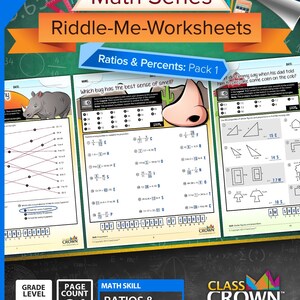 Könnte beinhalten: Ein Mathe-Arbeitsblatt-Paket mit dem Titel "Riddle-Me-Worksheets" für die Klassen 5-8. Das Cover zeigt den Text "Math Series" und "Ratios & Percents: Pack 1". Das Paket enthält 21 Seiten mit Mathe-Aufgaben. Die Arbeitsblätter sind für den Unterricht konzipiert.