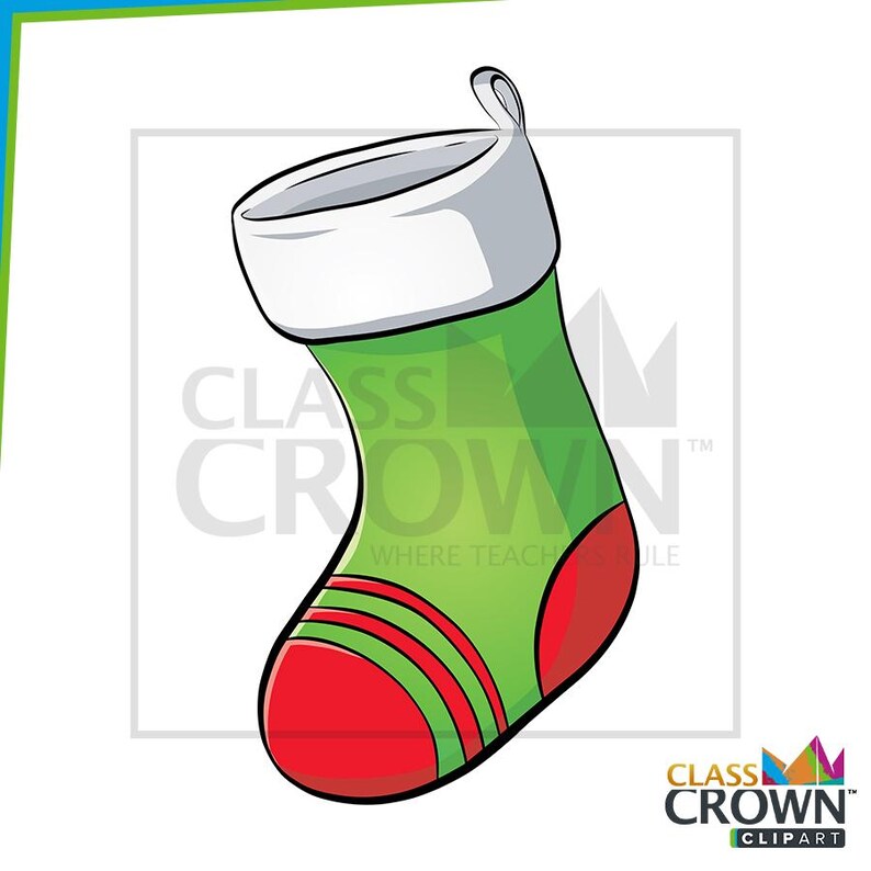 May include: A green Christmas stocking with a red toe and heel, and red and green stripes. The top of the stocking is white. The image includes the text "CLASS CROWN CLIPART".