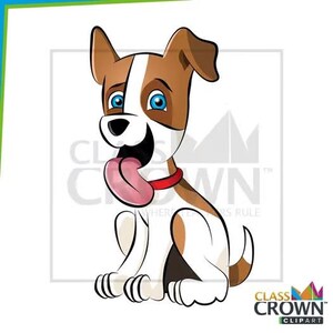 Pu&ograve; includere: Illustrazione di un cane dei cartoni animati con pelo marrone e bianco, occhi blu e una lingua rosa. Il cane indossa un collare rosso ed &egrave; seduto. L'immagine contiene il testo "CLASS CROWN CLIPART".